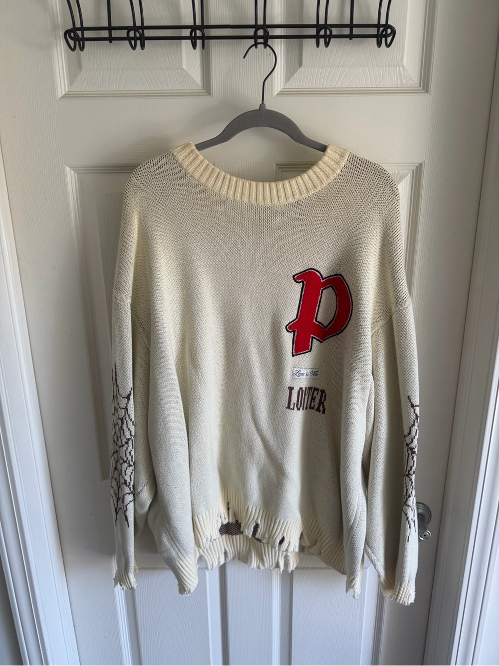 Loiter Cream Knit Sweater with Red 'P' Patch